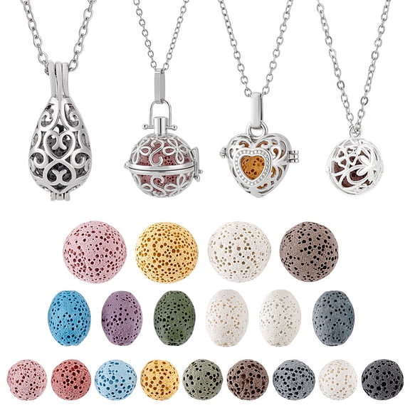 4pcs Essential Oil Diffuser Necklace Aromatherapy Locket Pendant With Stainless Steel Necklace And 26 Pieces Refill Lava Rock Round Beads