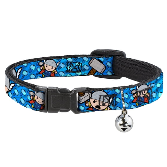 Marvel Comics Breakaway Cat Collar With Bell, Plastic Clip, Easy Adjustable, Kawaii Thor Poses Hammer Monogram Blues, 8.5 to 12 Inches 0.5 Inch Wide