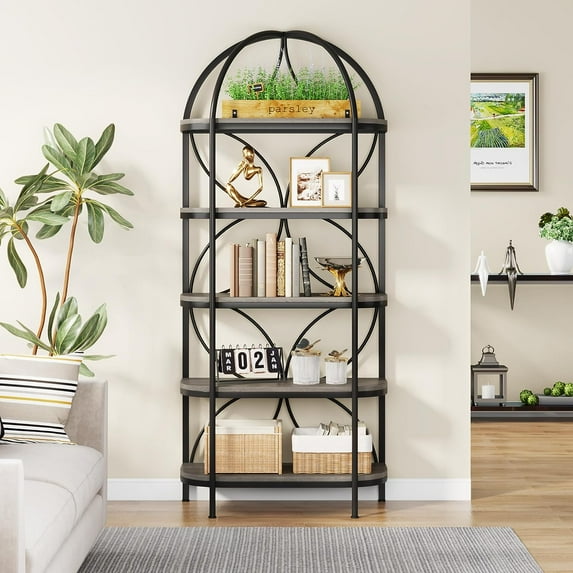 Tribesigns 74.4 Inches Tall Etagere Bookcase, 5 Tiers Arched Freestanding Bookshelf, Gray
