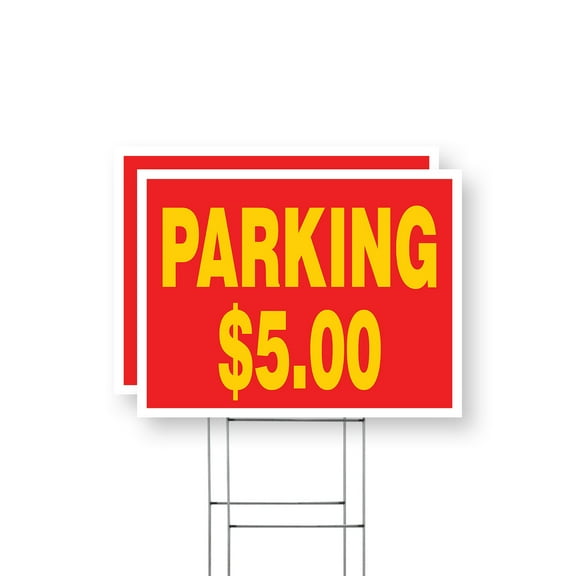 Parking $5 Dollars Yard Sign 2 Pack of 12 Inch x 16 Inch Single Sided Weatherproof Heavy-Duty Plastic with Stake | Affordable Rates, Convenient Locations, Clear Directions | Made in USA