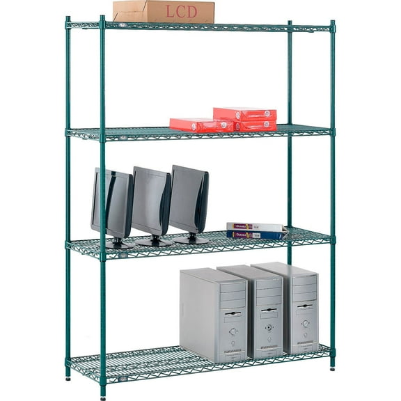 Nexel Poly-Green, 4 Tier, Wire Shelving Starter Unit, 54"W x 14"D x 74"H