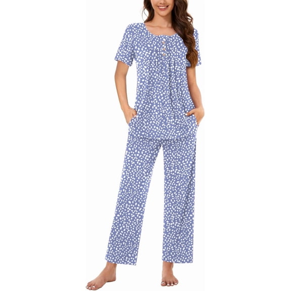 DreamFish Women's Pajama Set 2 Piece Sleepwear Henley Neck Short Sleeve Top and Long Pants with Pockets