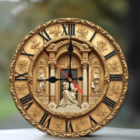 Luxury Gold Roman Numeral Wall Clock 10-Inch Silent Wooden Wall Clock, Battery Operated (AA Batteries Not Included), Artistic Home Decor