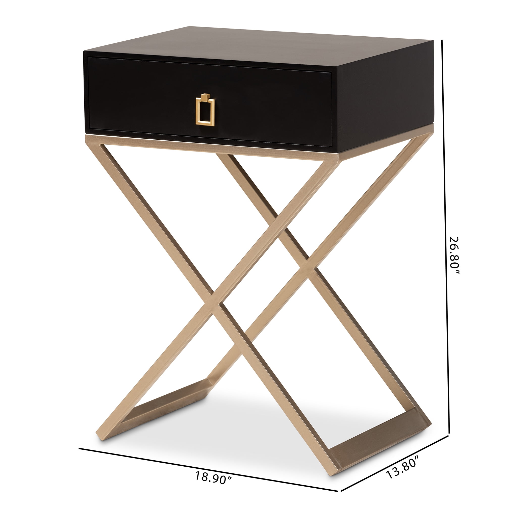 Baxton Studio Patricia Modern and Contemporary Black Finished Wood and Powder Coated Brass Effect Metal 1-Drawer End Table