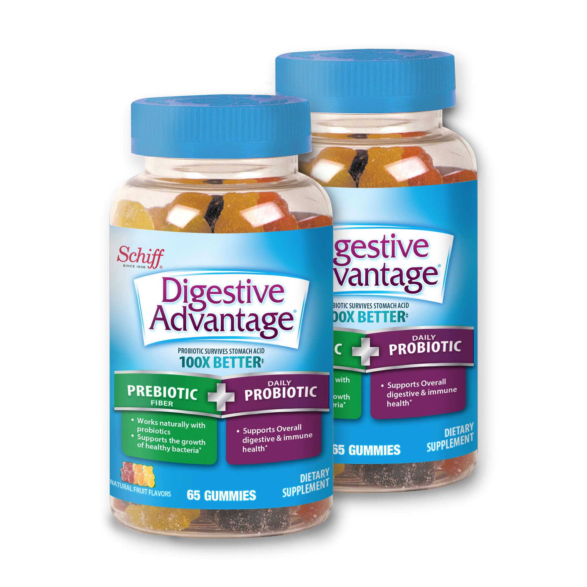 (2 pack) (2 Pack) Digestive Advantage Gentle Prebiotic Fiber Plus Daily Probiotic Gummies, 65 Count