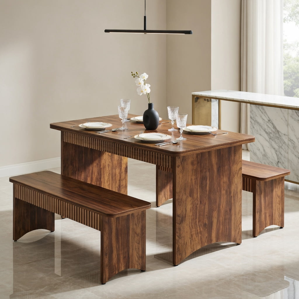 Hommoo 55 Inch Farmhouse Dining Table Set with 2 Wooden Benches, Space-Saving 3-Piece Kitchen Table for 4 to 6 People, Brown