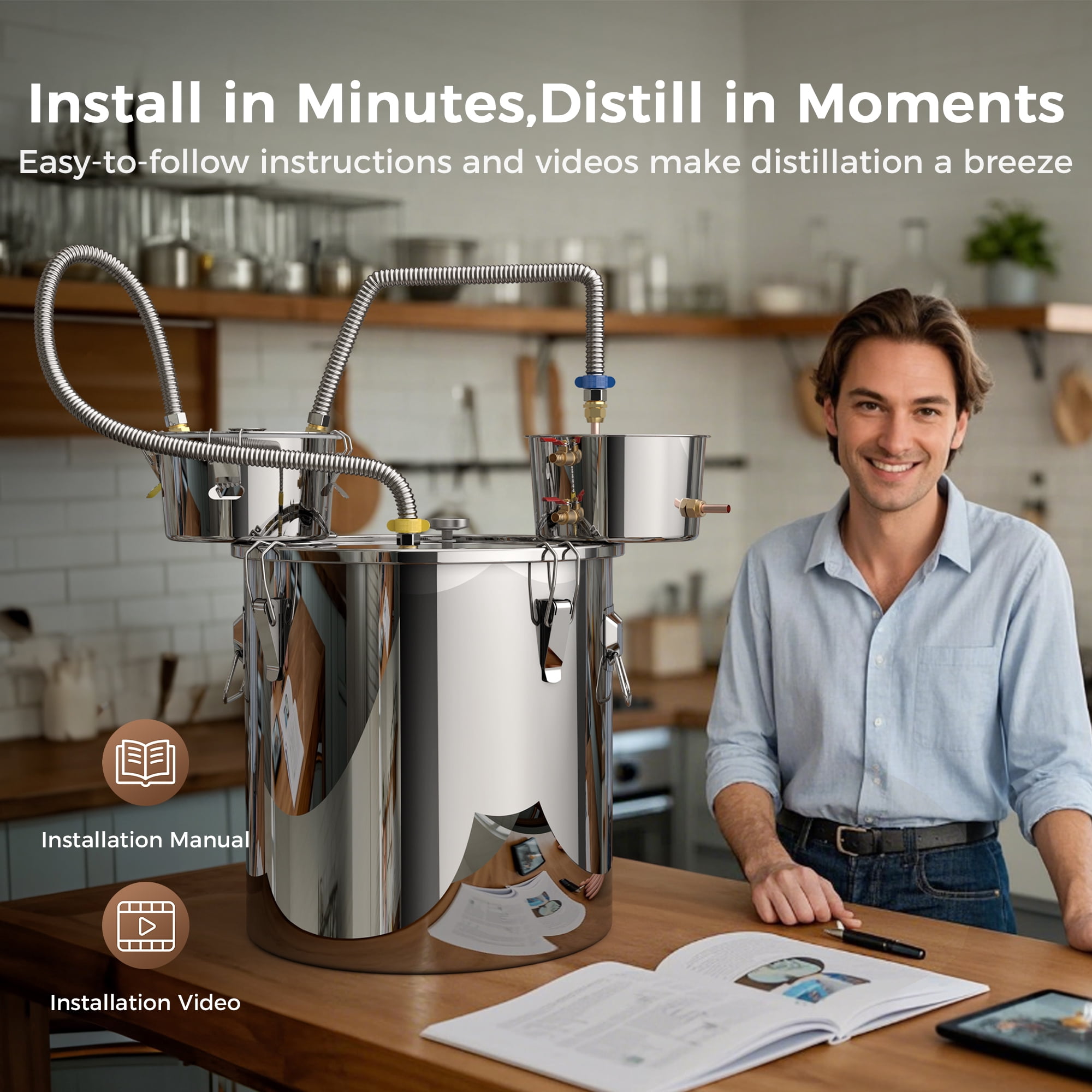 CAMMOO 3 Pots Stainless Steel Water Distiller 13.2Gal/50L with Thermometer, Condenser and Thump Keg