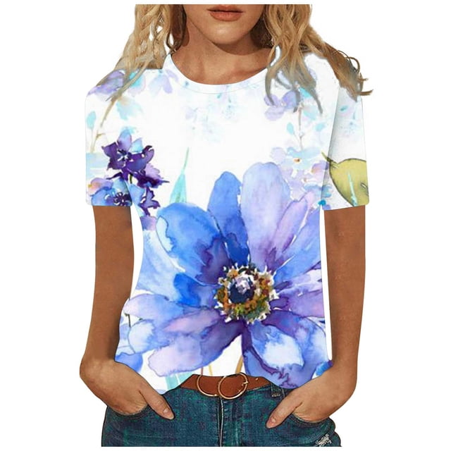 Blouses à Manches Courtes pour Femmes Hauts Amples Imprimés à Col Rond à Manches Courtes pour Femmes Blouse T-Shirt Femme Hauts à Manches Courtes Femme Blouse à Manches Courtes Hauts à Manches Courtes pour Femmes
