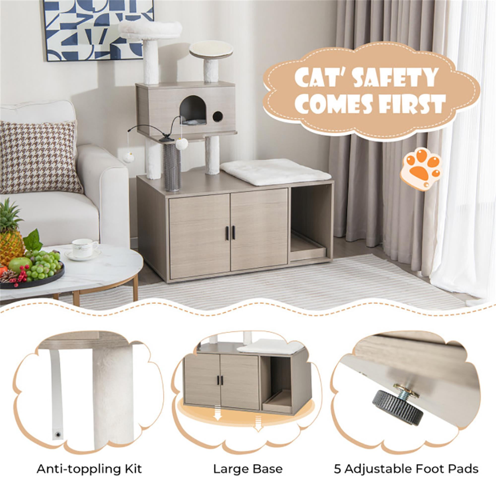 Kadyn 52" Cat Tree Tower with Litter Box Enclosure, 2-in-1 Modern Cat Tower, Cat Condo with Scratching Posts and Board, Gray
