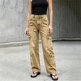 thumbnail image 5 of LEAVINGSUO Straight Leg Cargo Jeans Trousers for Women Fashion High Waisted Pockets Solid Color Button Zipper Casual Denim Pants Khaki XL, 5 of 7