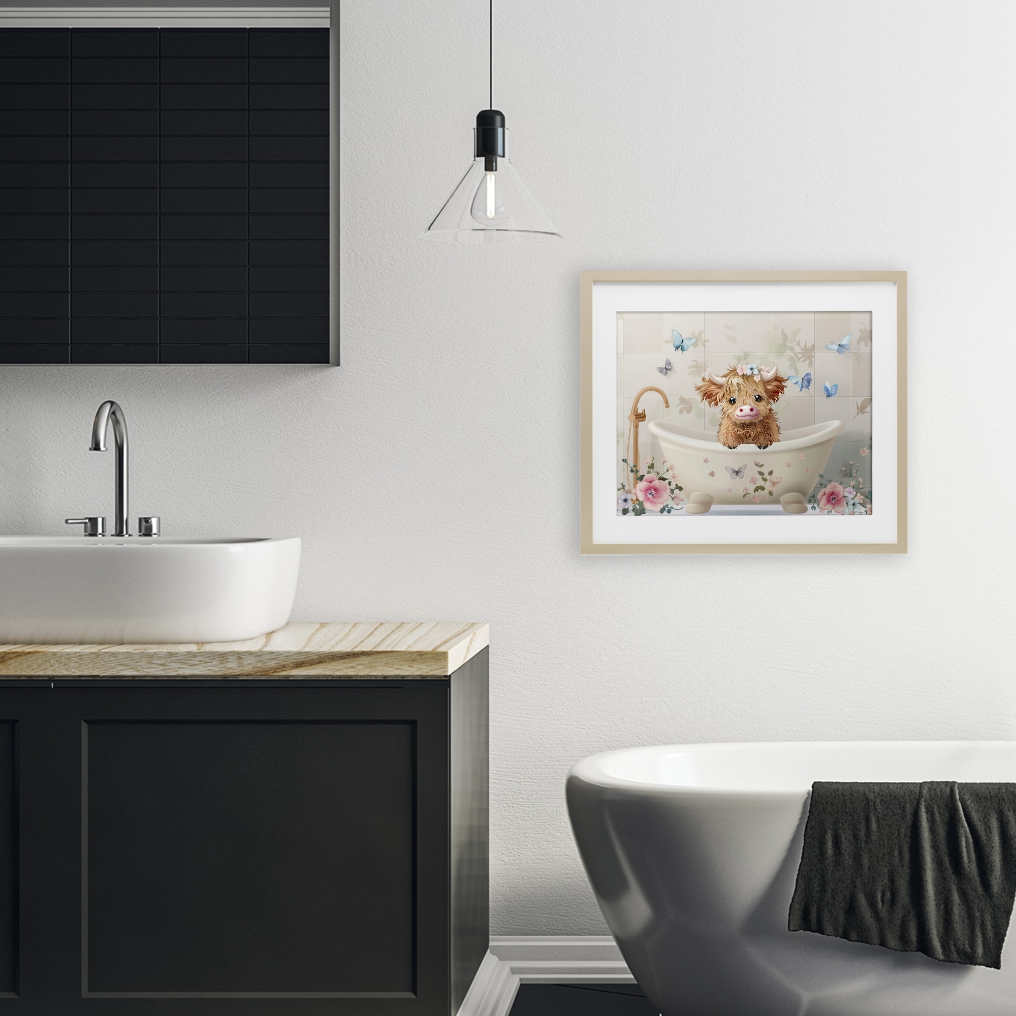 Baby Cattle in Floral Tub Birch Framed Print Under Glass, design by Shawna Stewart