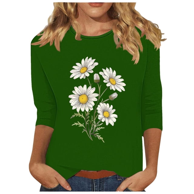 Tnhcen Chemises à Manches 3/4 Col Rond Imprimé Floral Automne pour Femmes - Basiques Décontractés Grande Taille P-3TG