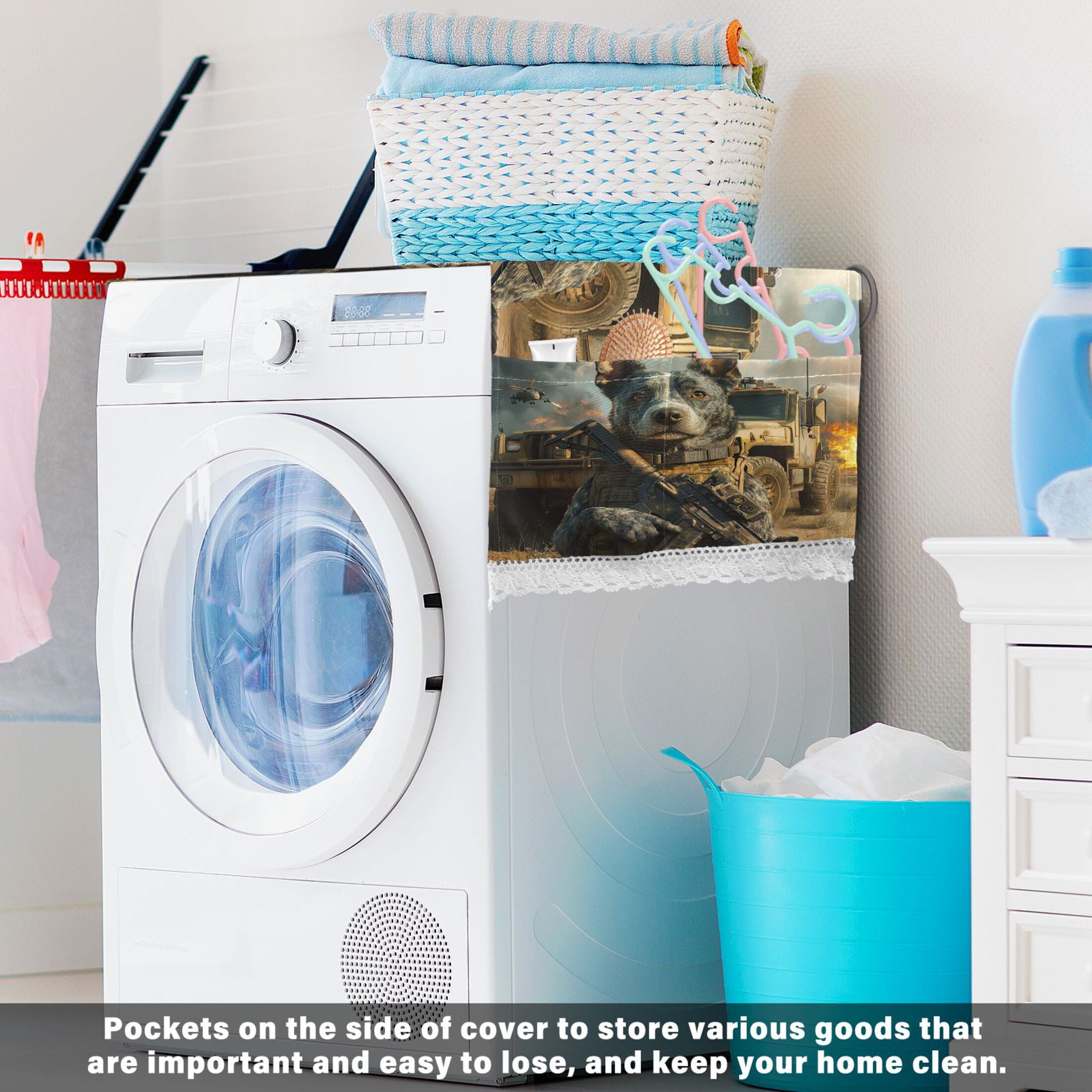 Justice PuppyWasher and Dryer Covers Dust-Proof and Oil Resistant Fridge Cover with 4 Storage Pockets Washing Machine Top Cover for Laundry Kitchen Home 51.2 x 22 In