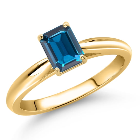 Gem Stone King 10K Yellow Gold London Blue Topaz Engagement Ring for Women | 0.66 Cttw | Emerald Cut 6X4MM | Gemstone November Birthstone | Size 6