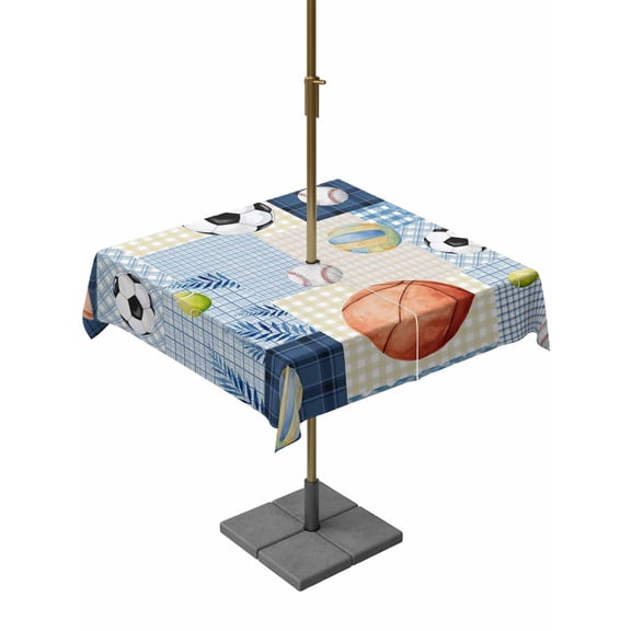 Outdoor Tablecloth with Umbrella Hole, Basketball Football Baseball Zippered Table Cloth for Rectangle Tables, Sports Ball on Blue Paid Washable Waterproof Tablecloths for Picnic Patio Garden