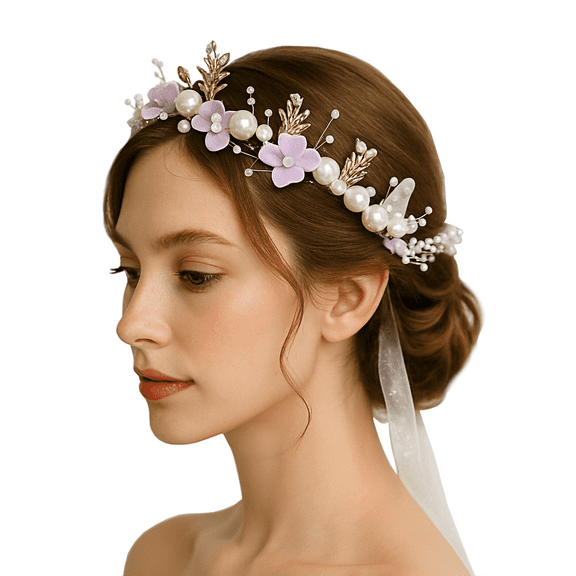 Fairytale Bridal Headband with Purple Flowers and Ribbons Costume Accessory
