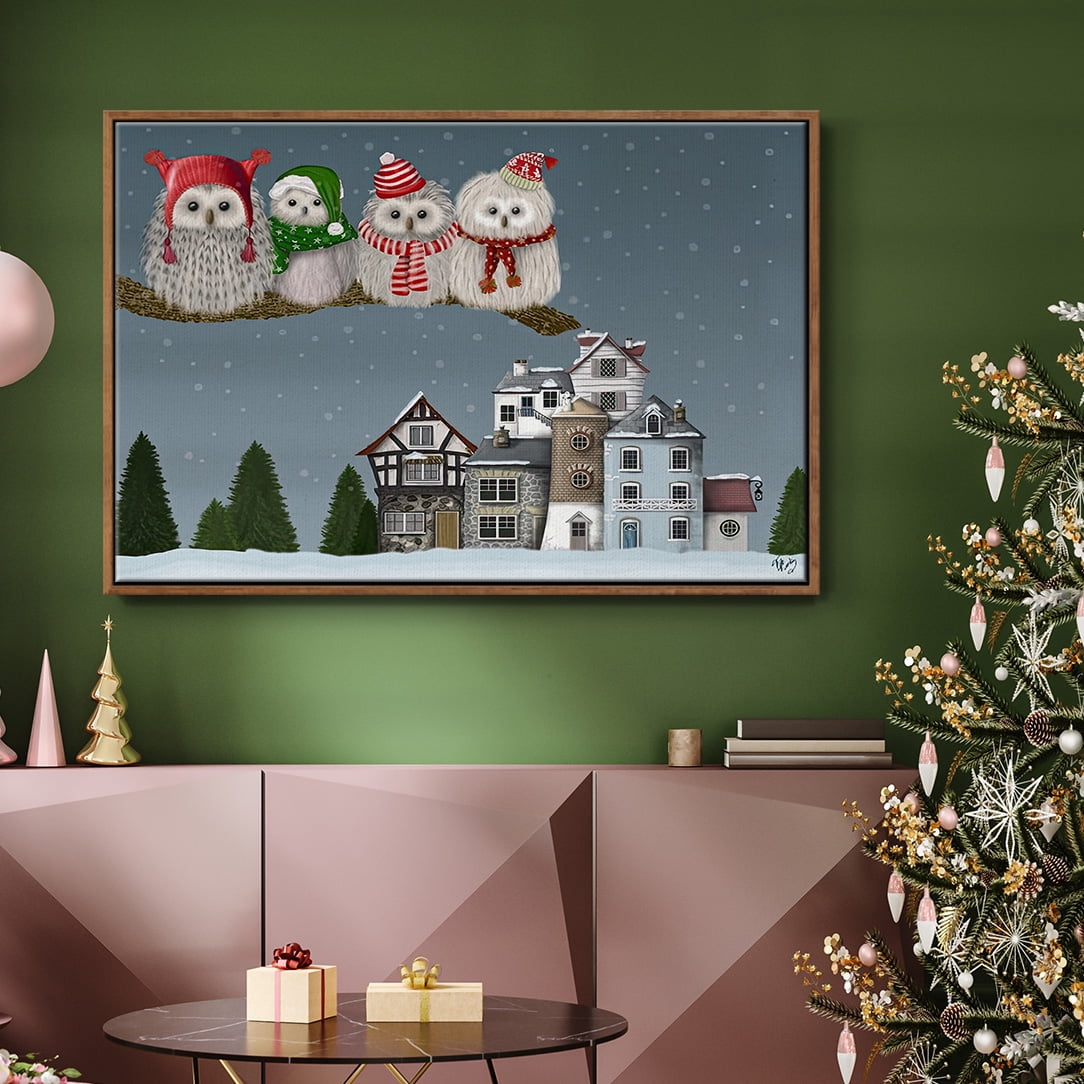 Christmas Christmas Owl Village - Framed Gallery Wrapped Holiday Canvas - 25 x 37 - Rosewood Frame