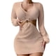 thumbnail image 1 of Gibobby Trajes de Baño Mujer Traje de baño de mono corto ajustado de manga larga con cuello en V y anillo redondo en la cintura para mujer(Caqui,CH), 1 of 4