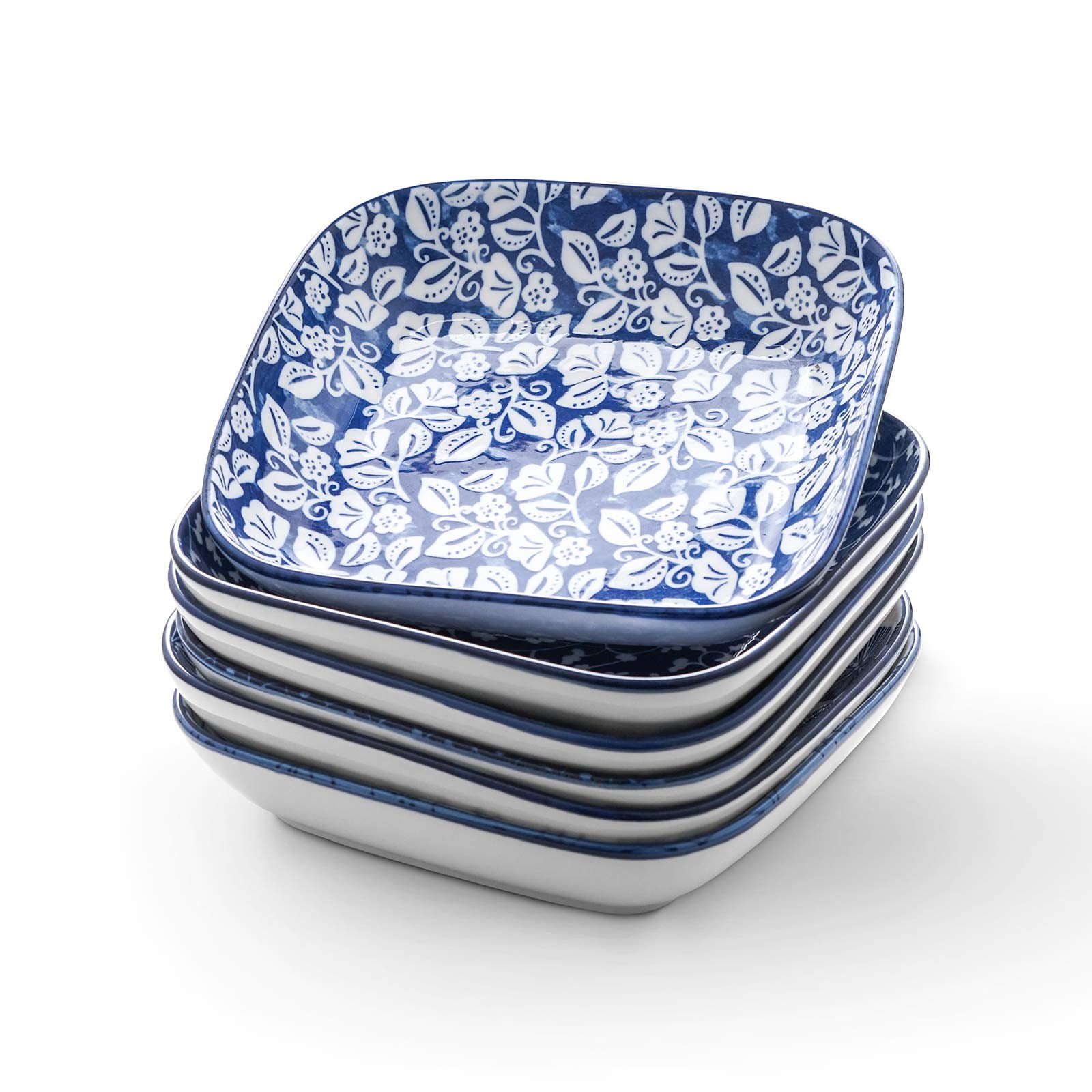 Selamica Porcelain 8 inch Square Dinner Plates Salad Pasta Bowls Set of 6 Vintage Blue