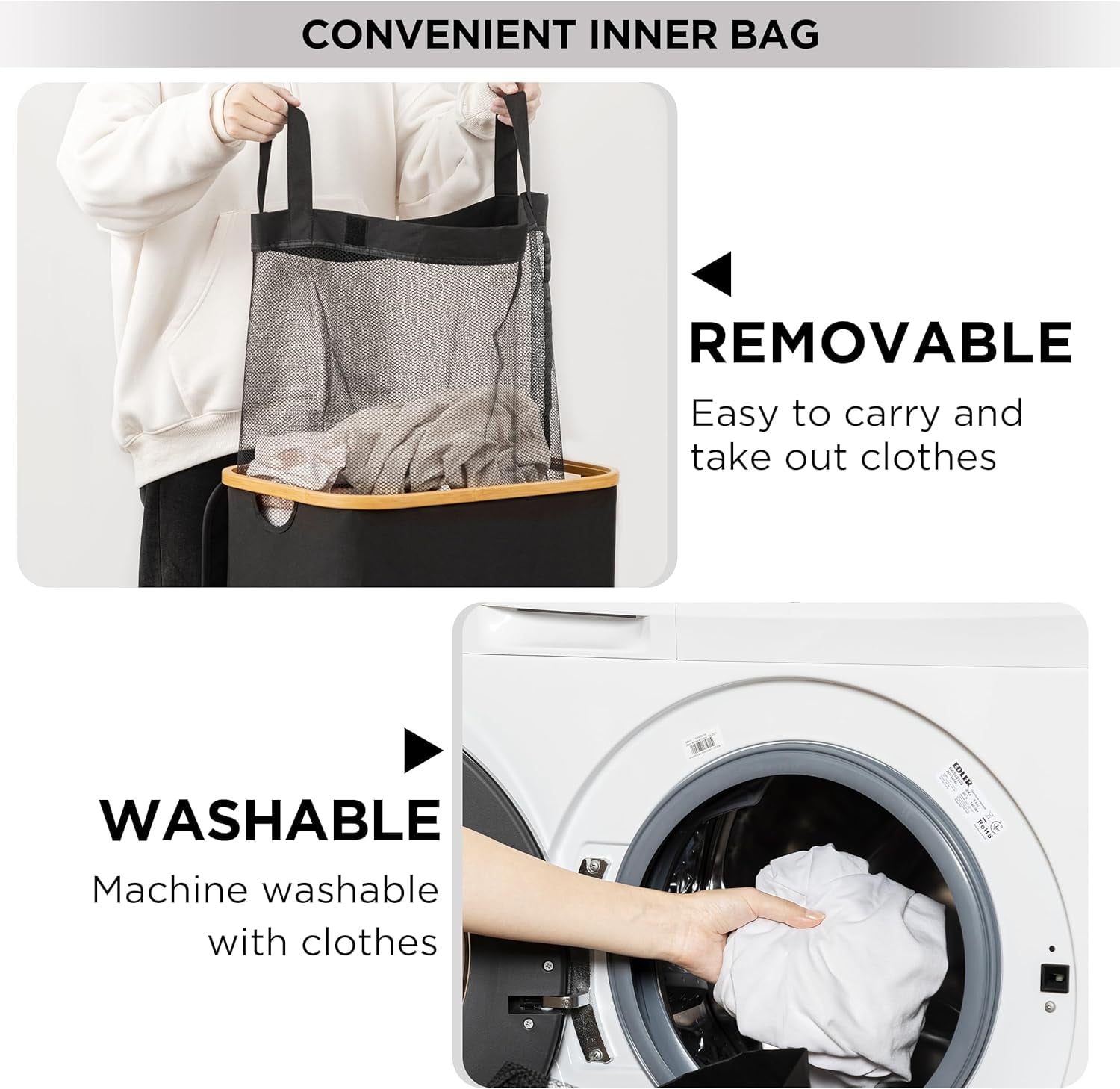 HBlife Large Collapsible Laundry Hamper with Lid and Removable Bag, Black