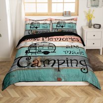 Manfei Cartoon Adventure Car 3 Pieces Duvet Cover Queen for Boys Girls,Happy Camping Lightweight Comforter Cover Queen,Vintage Retro Lodge Cabin Breathable Bedding Sets Queen Size(No Comforter)