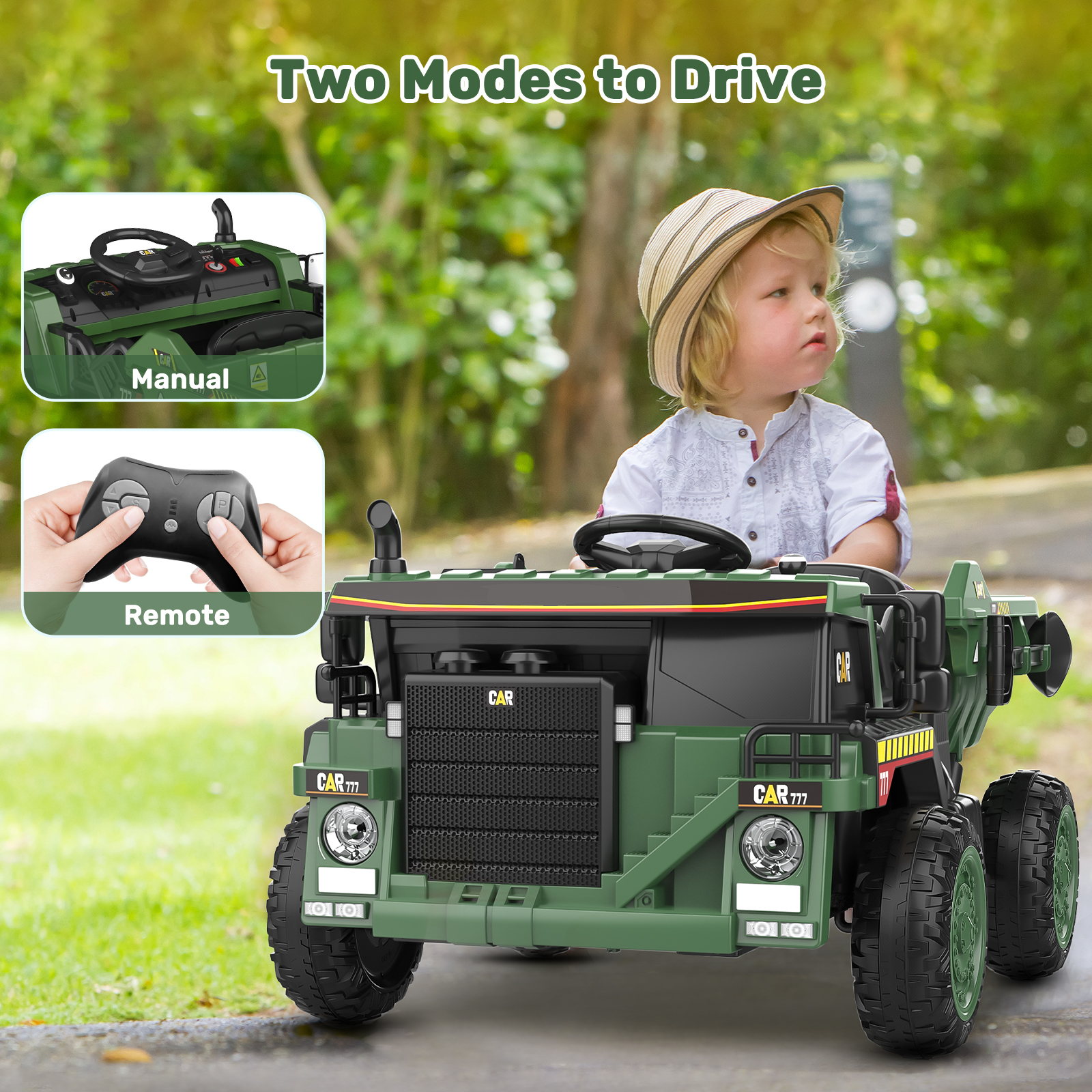 TOKTOO 12V Battery Powered Ride-on Dump Truck with Remote Control, Music Player, Electric Dump Bucket, Kids Tractor-Dark Green - image 5 of 7