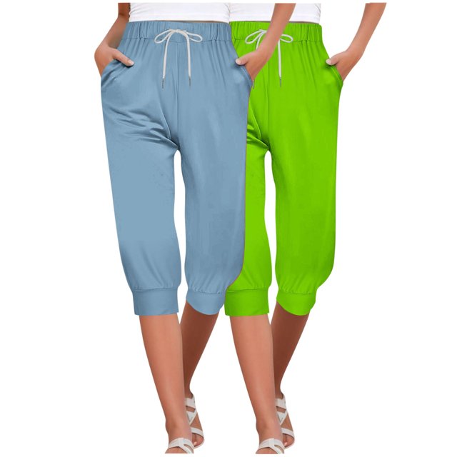 Yuyuzo 2 Pack Pantalons de Survêtement Capris pour Femmes Taille Haute avec Cordon de Serrage Joggeurs Été Bas Resserré