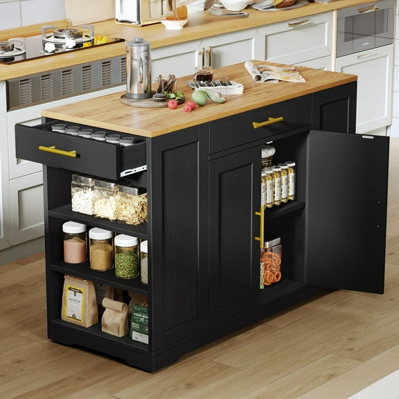 DWVO Kitchen Storage Cart with Trash Can Storage Cabinet, Rolling Kitchen Island with Wheels and Drawers for 13-Gallon Trash Bin, Black