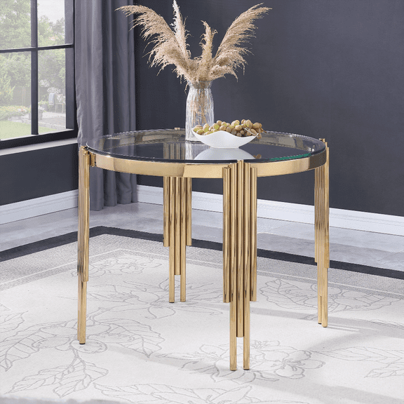 38.6" Round Glass Dining Table with Tempered Glass Top & Polished Gold Legs for 4-Person Home Dining Room, Kitchen & Backyard