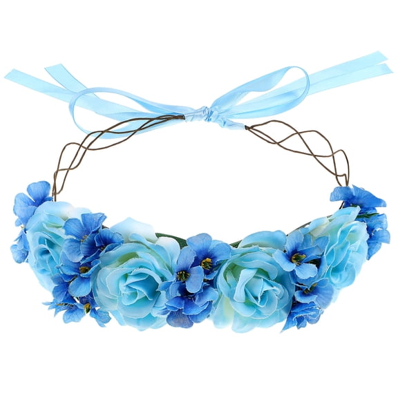 LOLIPPYY Blue Flower Headband with Adjustable Ribbon Artificial Floral Crown for Weddings
