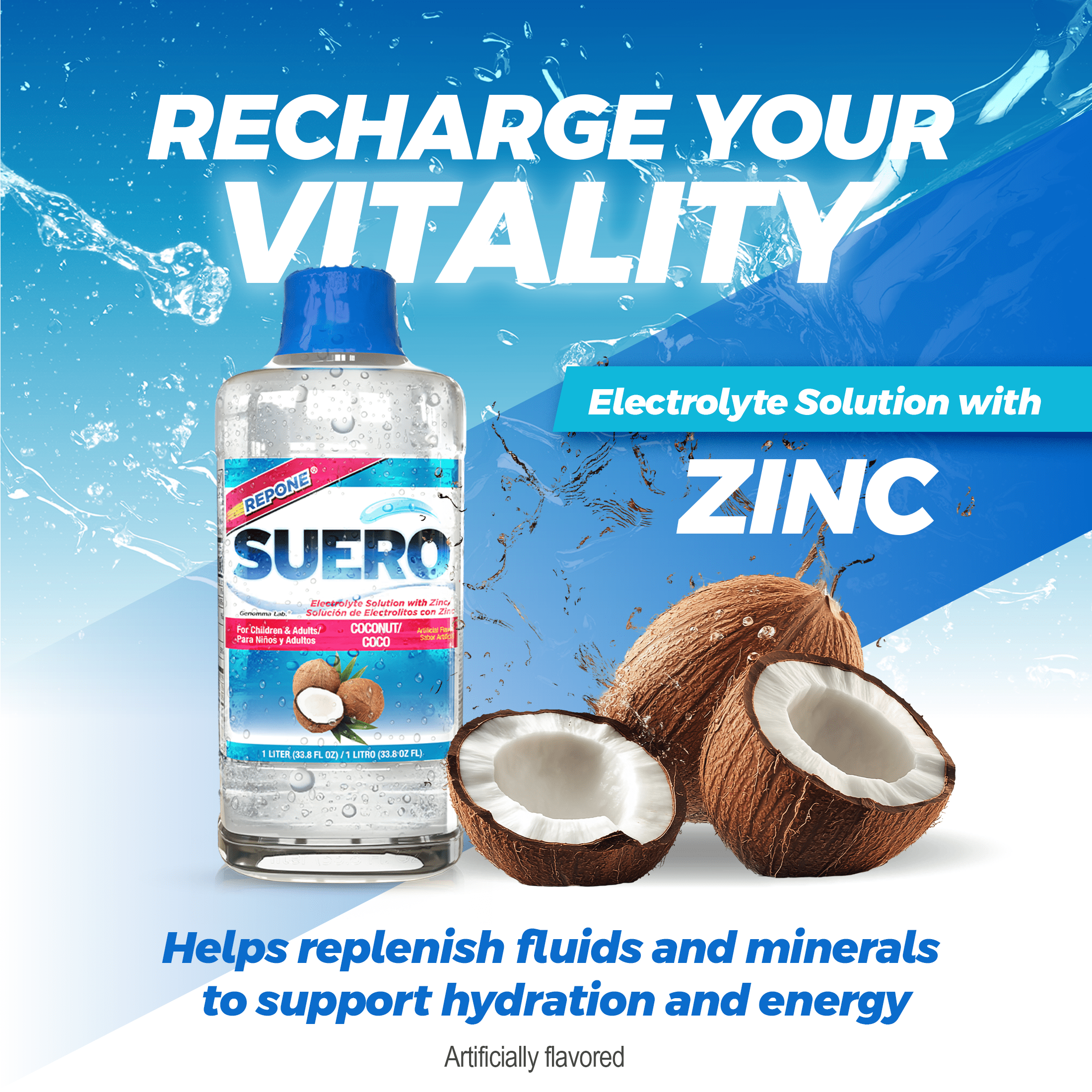 (4 pack) Suero Repone Coconut Electrolyte Drink, 1 Liter, For Children & Adults