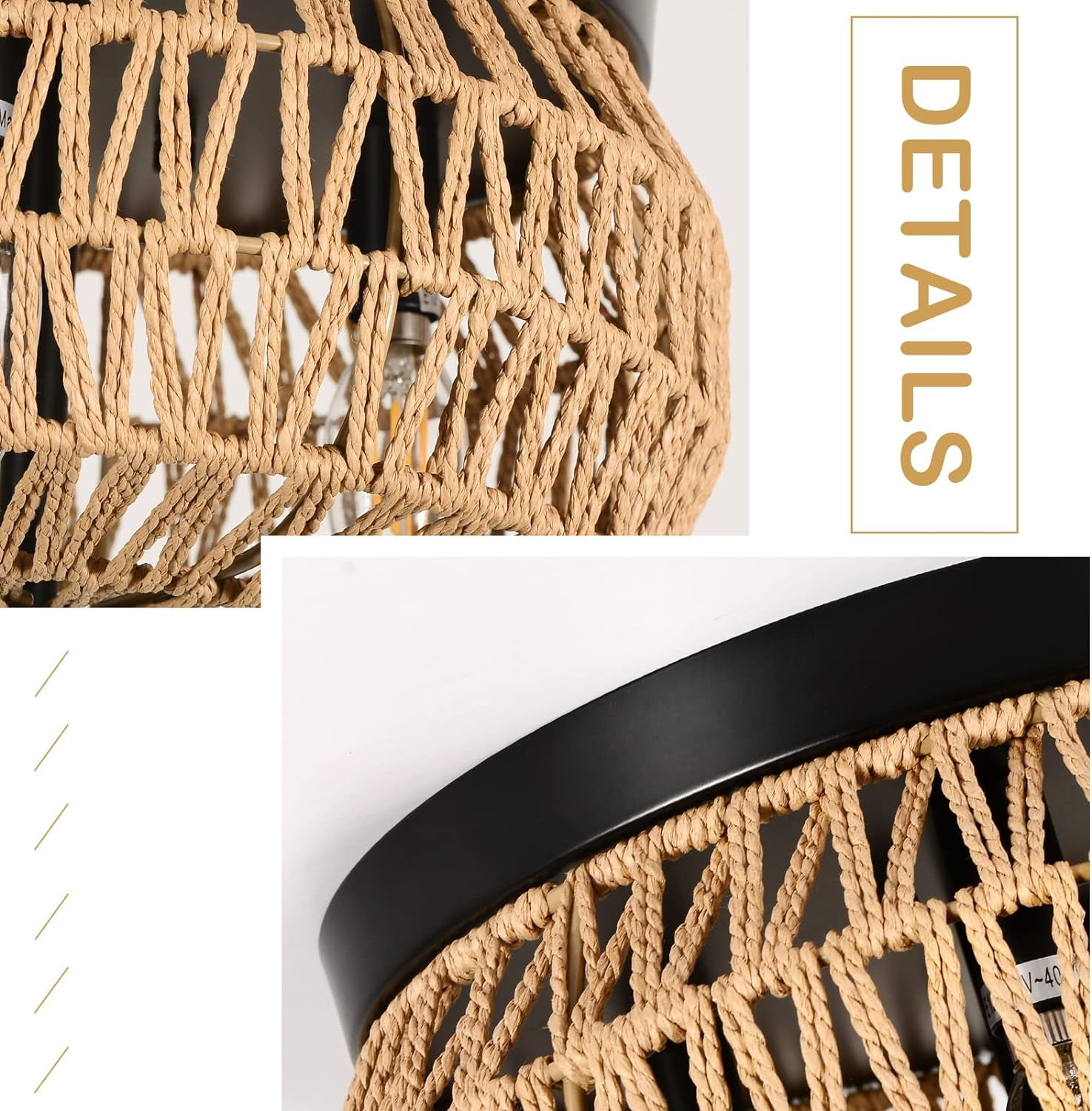 Table Lamp 3-Lights Woven Rattan Flush Mount Ceiling Light Fixture with Hand-Worked Cage Shade for Bedroom, Kitchen, Foyer, Porch,Bedroom Lamp