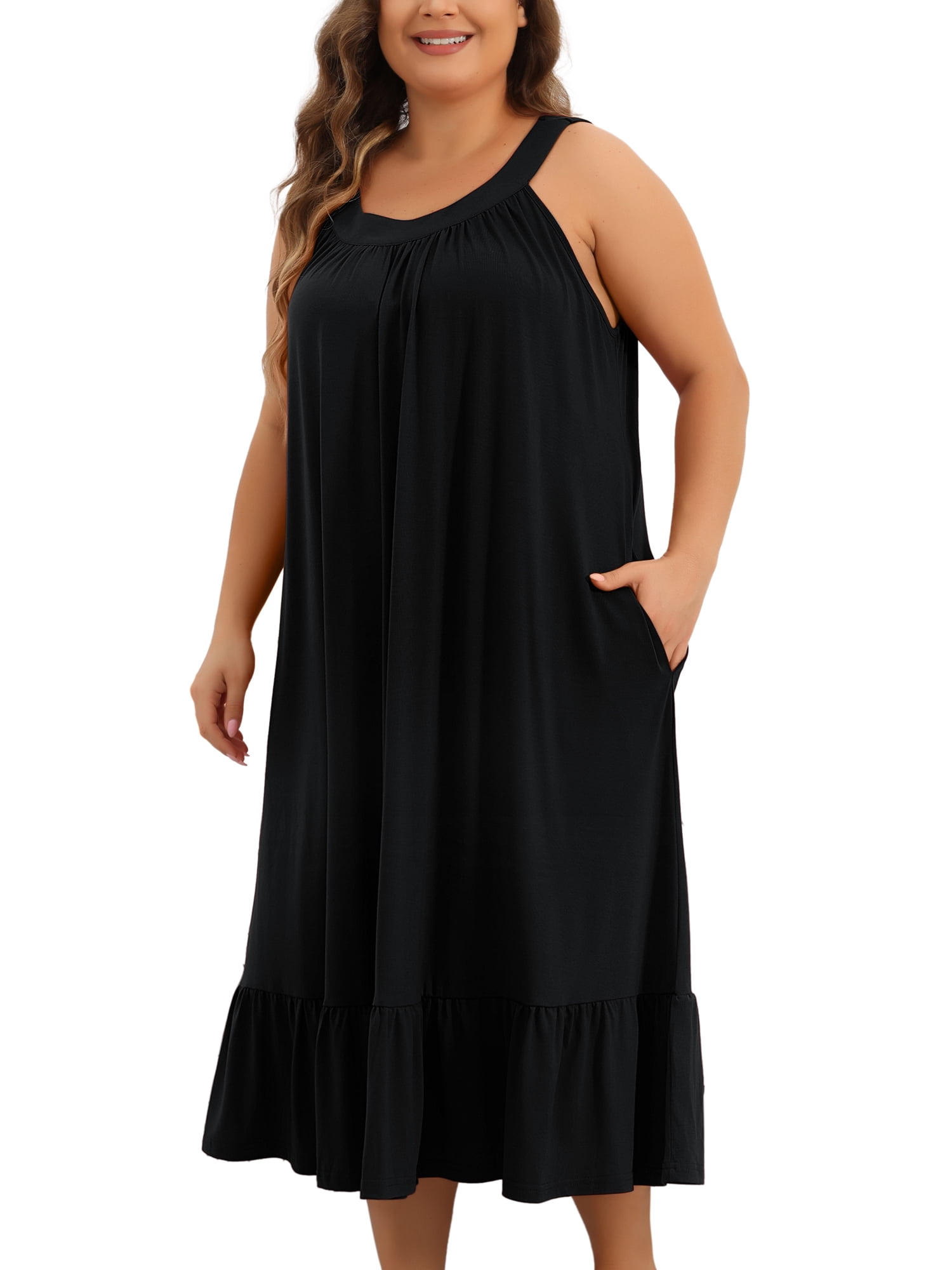 DARING DIVA Women's Plus Size Sleeveless Nightgown with Pockets Black 3X