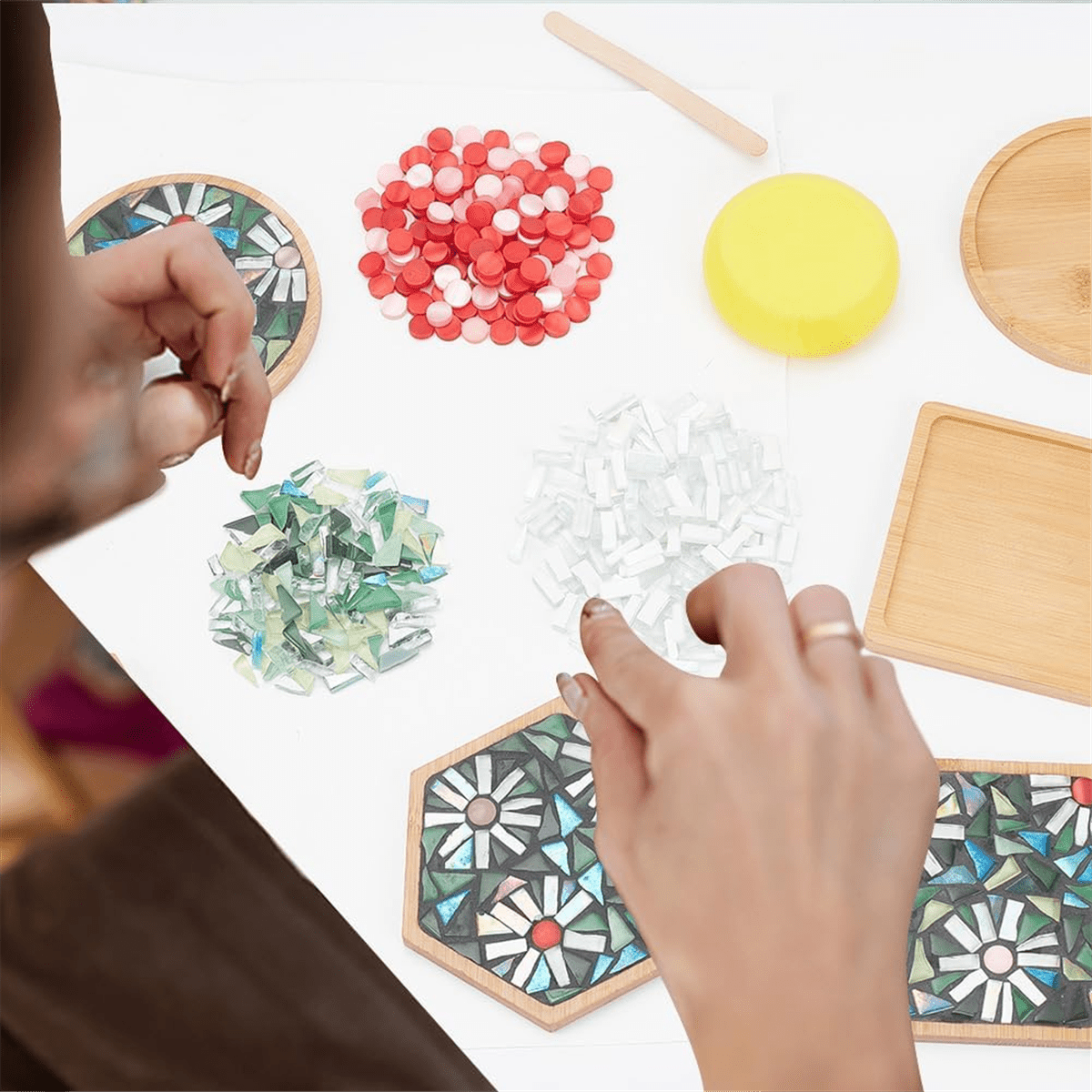 3 Styles DIY Mosaic Craft Set Floral Mosaic Bamboo Coaster Set for Handmade Art Home Decoration