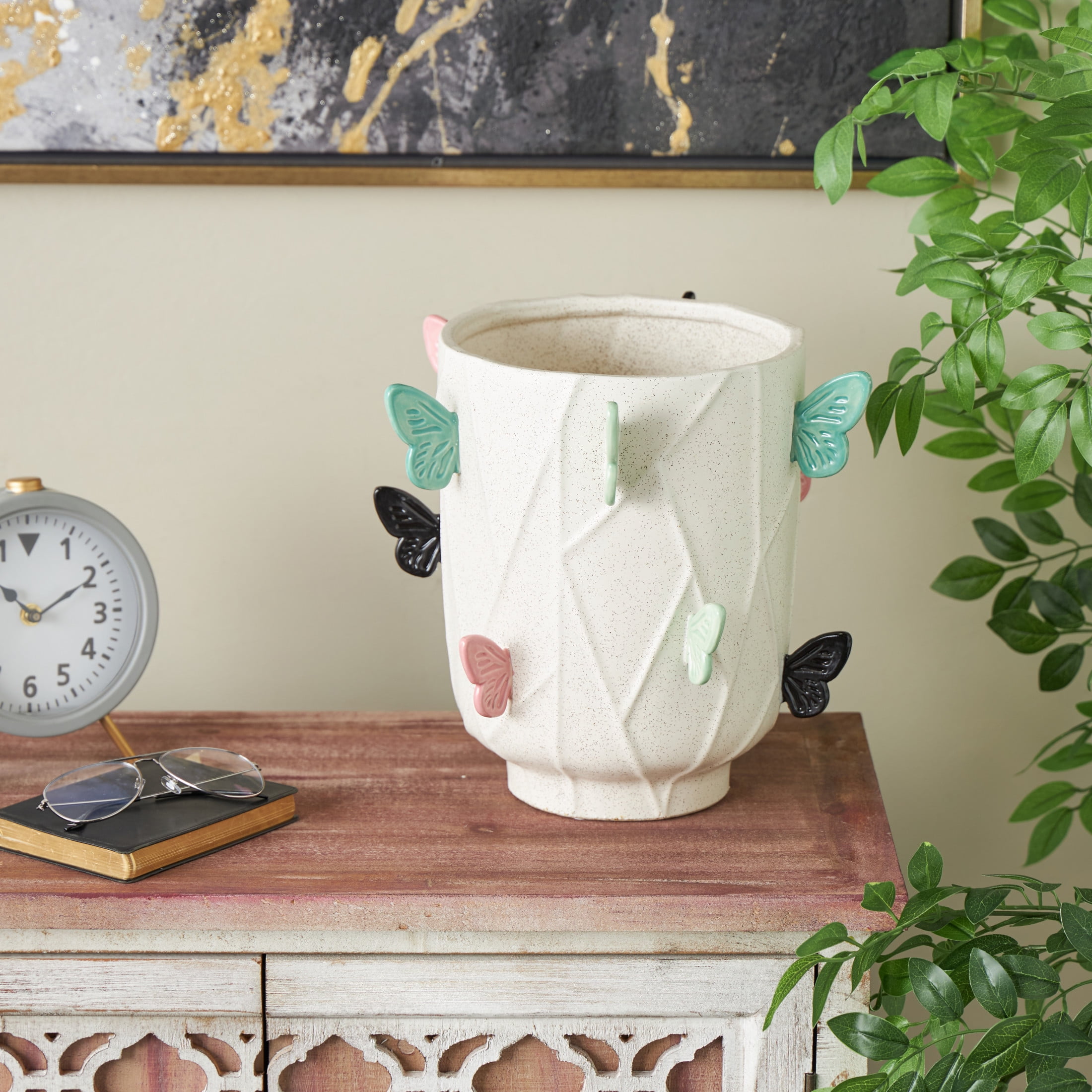DecMode 11" Butterfly Wide White Ceramic Vase with Multicolor Accents