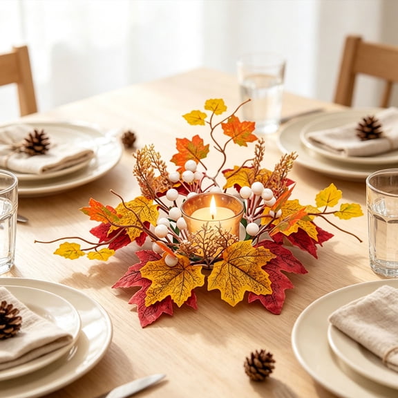 Fall Maple Leaf Candle Ring Wreath, Autumn Berry Pillar Candle Garland, Harvest Season Faux Floral Candle Holder, Thanksgiving Artificial Leaf Berry Arrangement, Rustic Seasonal Ornament