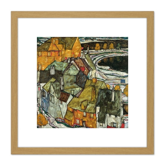 Egon Schiele Crescent Of Houses II Island Town Cropped 8X8 Inch Square Wooden Framed Wall Art Print Picture with Mount