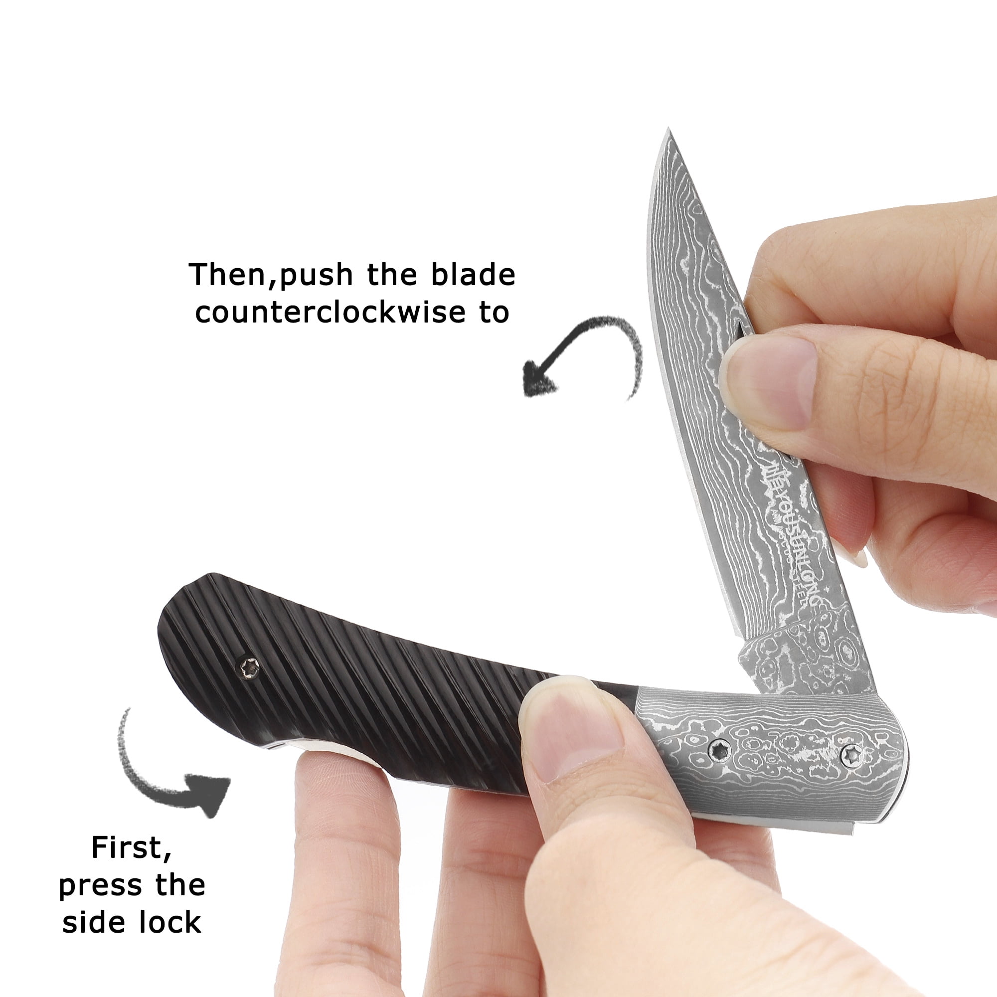 YOUSUNLONG Folding Knife - Camping Knife Overall 175mm Japanese Damascus Steel Buffalo Horn Handle