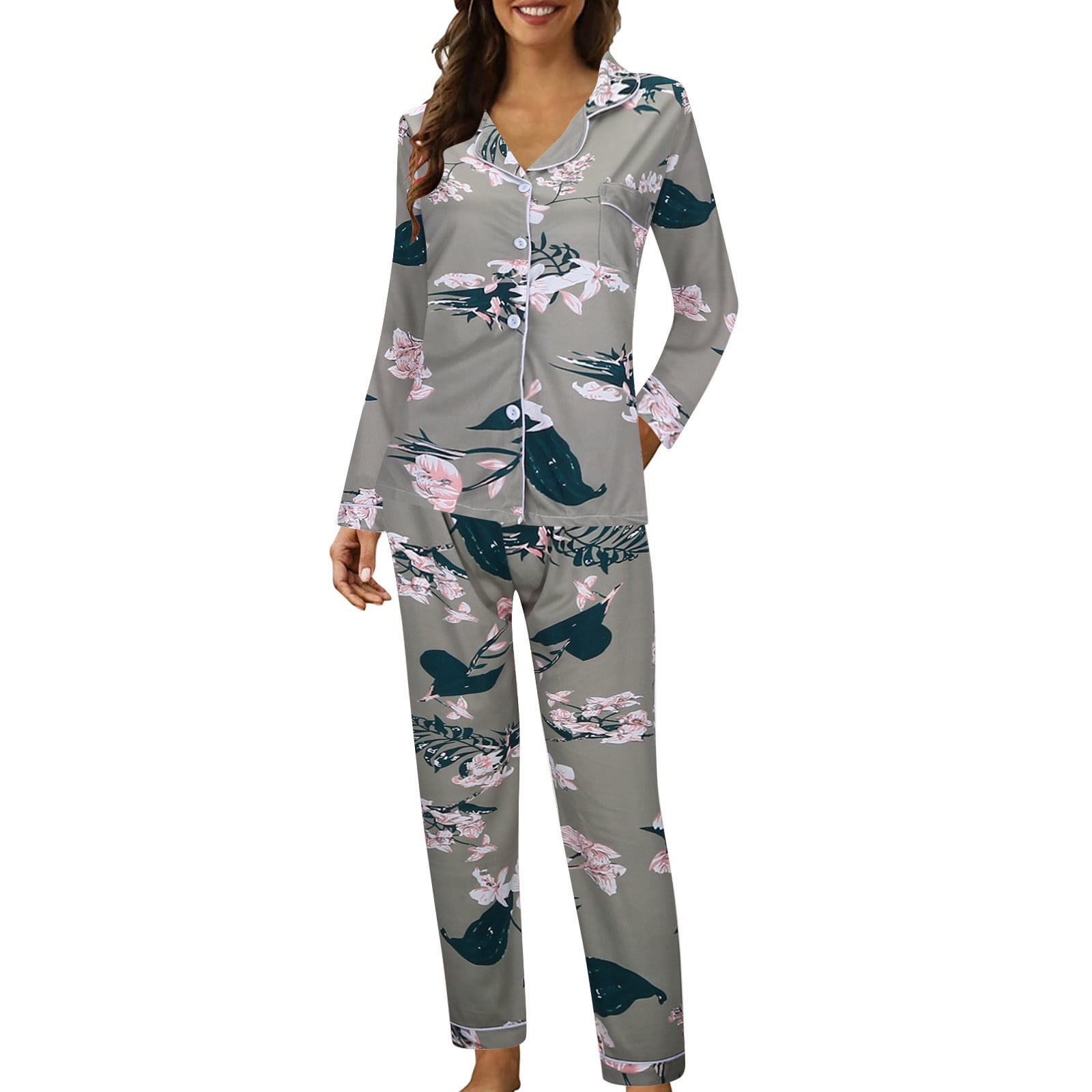 TINZ Women's Casual Lapel Button Print Long Sleeved Pajama Pants