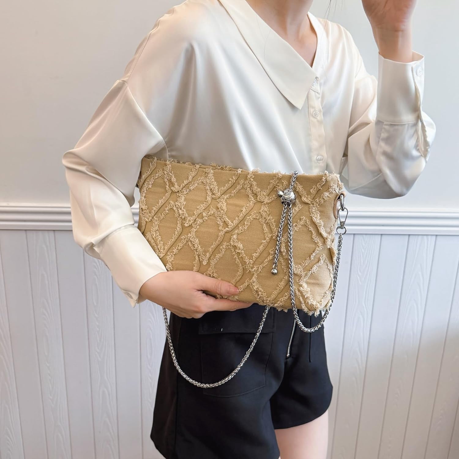 Denim Crossbody Bags for Women Trendy Quilted Denim Bag Jean Purses and Handbags with Chain Strap