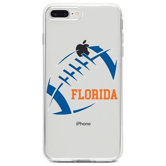 DistinctInk Clear Shockproof Hybrid Case for iPhone 7 PLUS / 8 PLUS (5.5" Screen) - TPU Bumper, Acrylic Back, Tempered Glass Screen Protector - Florida Football - Orange, Blue