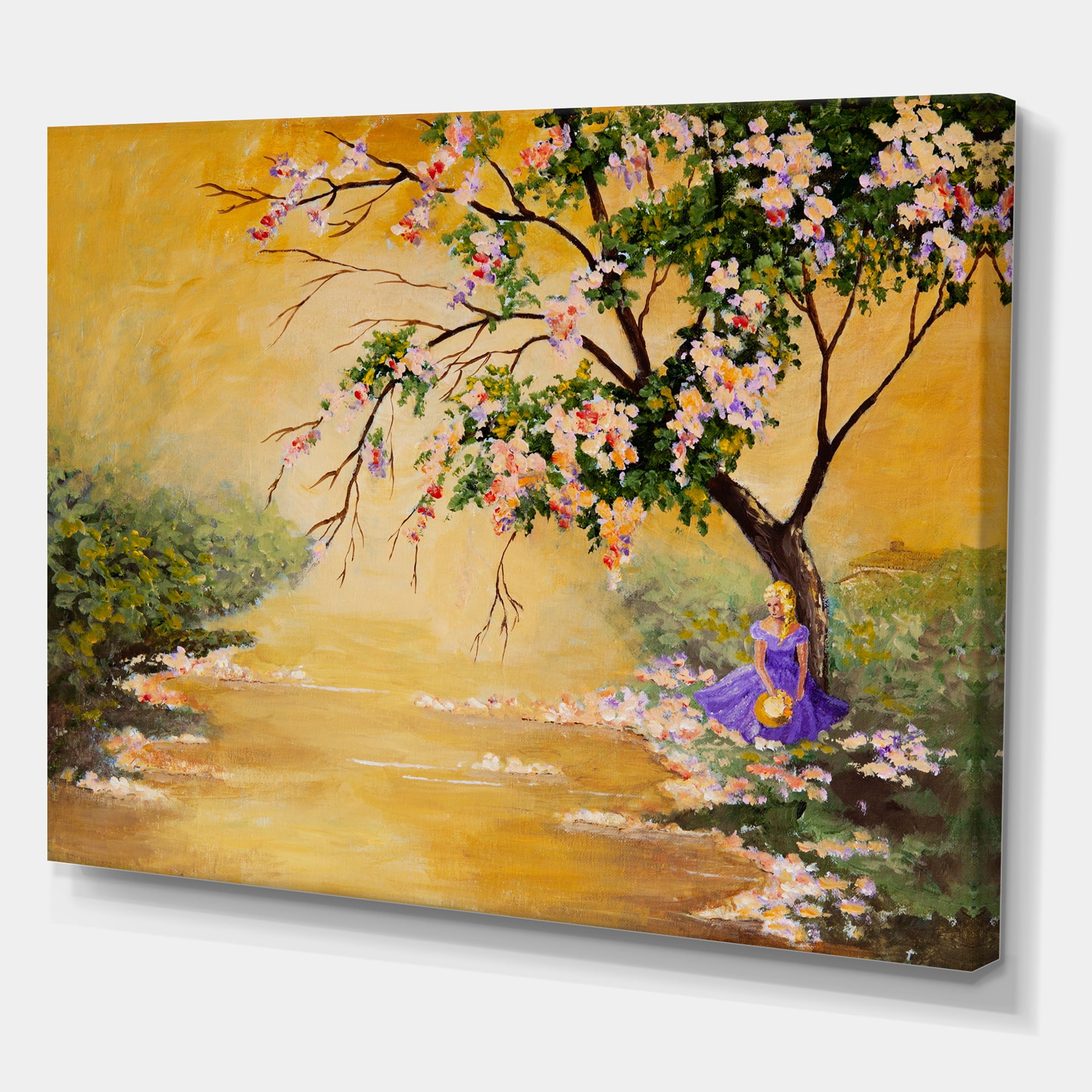 Designart ' Beautiful Girl Standing By The Flowering Tree ' Traditional Canvas Wall Art Print