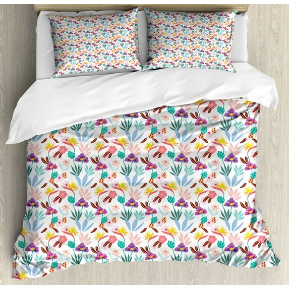 Pink Floral Duvet Cover Set King Size, Doodle Style Beautiful Colorful Flowers Sweet Vibrant Exotic Flora and Leaves, Decorative 3 Piece Bedding Set with 2 Pillow Shams, Multicolor, by Ambesonne