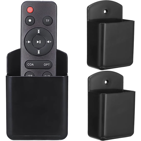 3 Pack Wall Mount Remote Control Holder, No Drill Self-Adhesive Black Plastic Wall Storage Organizer Caddy for TV Remotes and Small Items