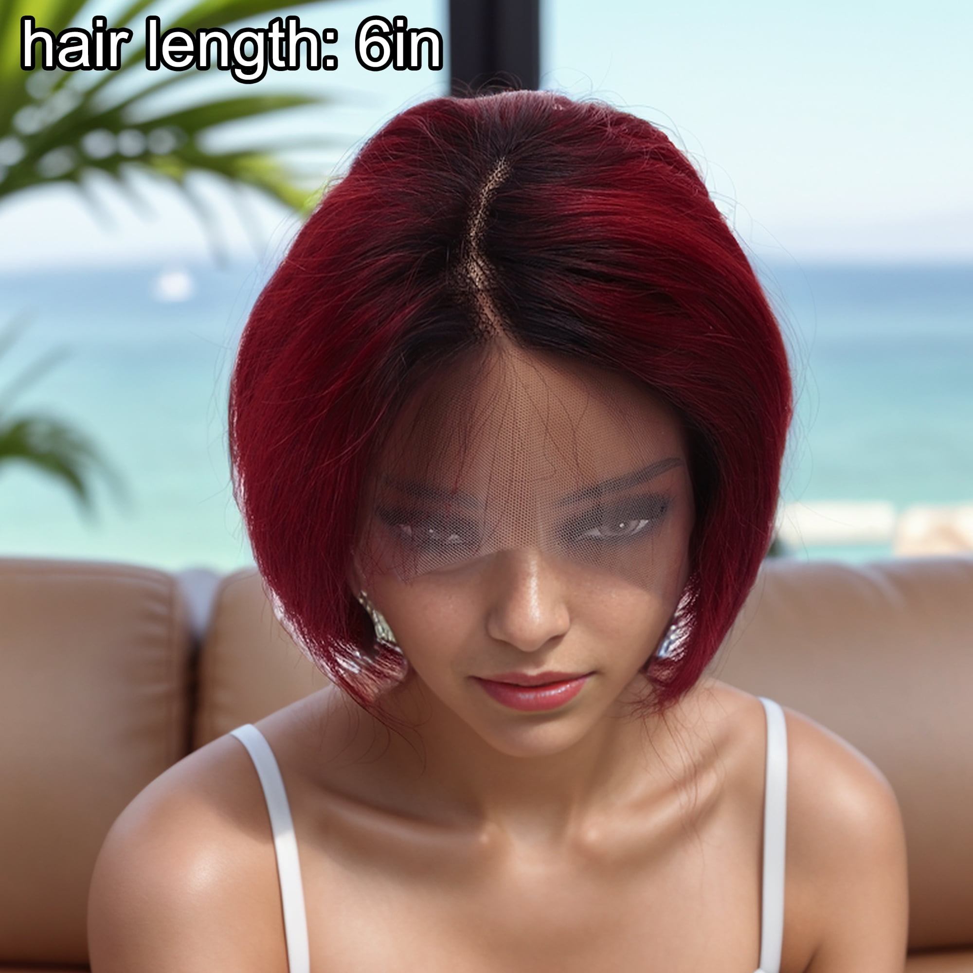 Unique Bargains 1 Pc Straight Short Hair Hair Wig Real Human Hair 6in 13x4x1in 150 Human Wig Black Red for Women