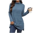 thumbnail image 2 of Womens Tops High Neck Loose Long Sleeved Knitted Solid Color Slit T-shirt Long Top,Tops for Women Dark Blue M, 2 of 6