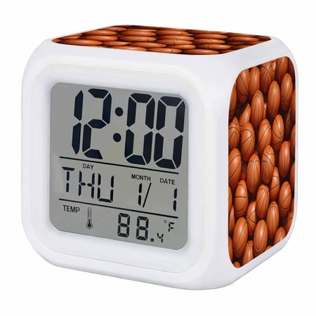 Basketball Digital Alarm Clock for Bedrooms, Smart LED Alarm Clock with 7 Color Changing Night Light, Sports Brown Basketball Silent Wake Up Clocks for Sleep Study Cooking 3.2x3.2