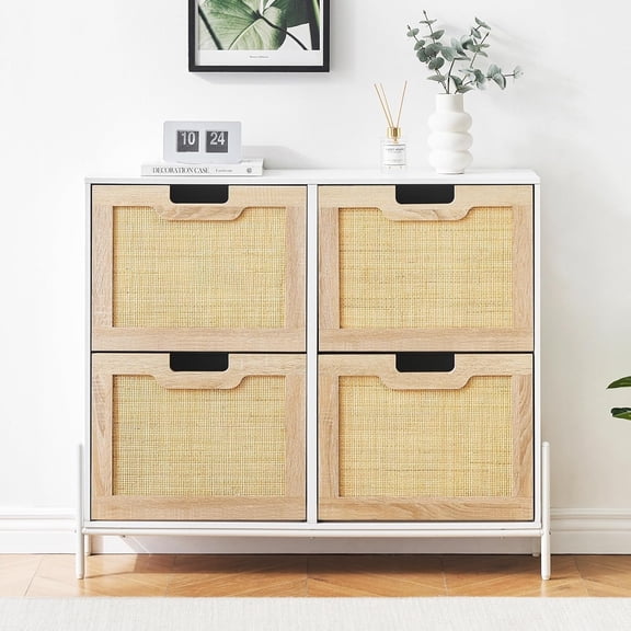 Garvee Rattan Shoe Storage Cabinet with 4 Flip Drawers, Freestanding Shoe Organizer with Adjustable Shelves for Entryway, Narrow Farmhouse Slim Shoe Rack, White