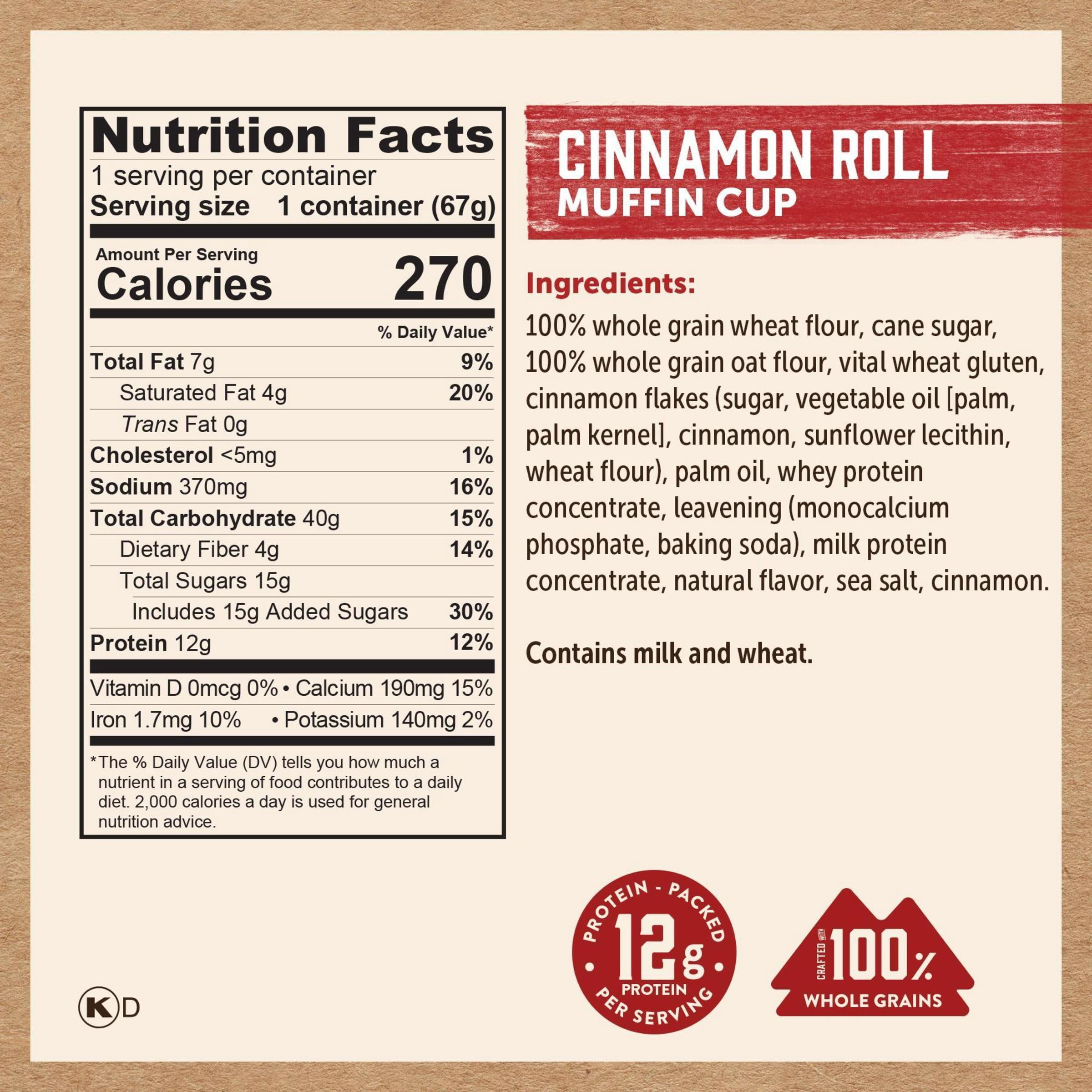 (3 pack) Kodiak Cakes Cinnamon Roll Muffin Cup, 12g of Protein per Serving, 2.36 oz