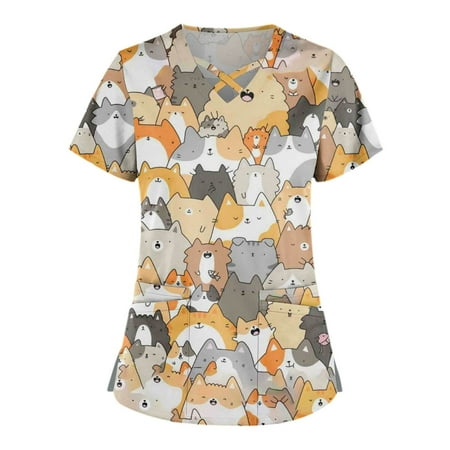 

HIMIWAY Summer Hot Shirts for Women Plus Size Cute Printed Scrub Working Uniform Tops For Women Cross V-Neck Short Sleeve Fun T-Shirts Workwear Tee With Double Pockets